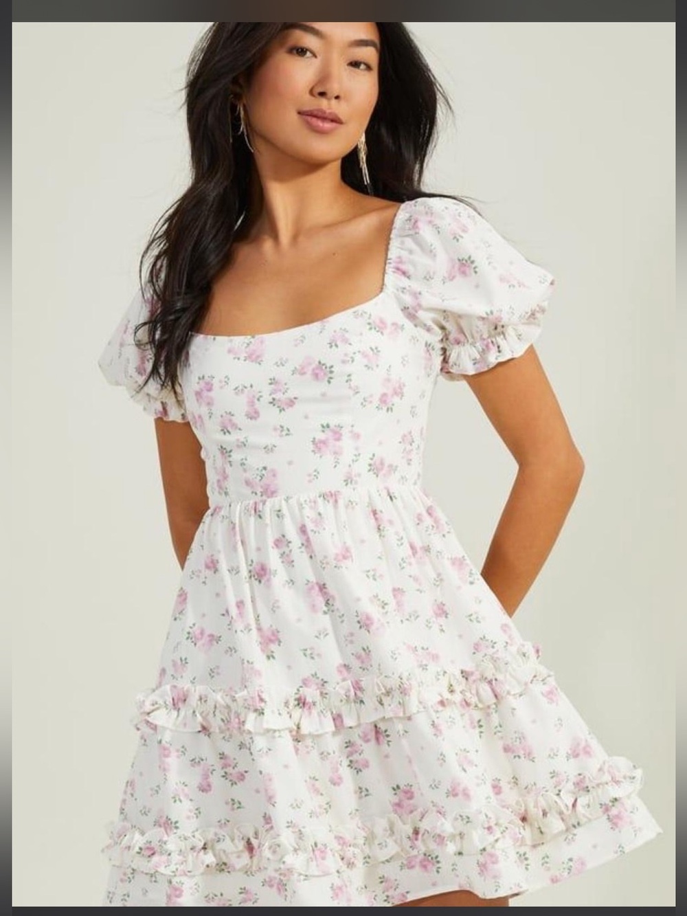 Altar’d State Floral Puff-Sleeve Summer Dress in White with Pink Blossoms
